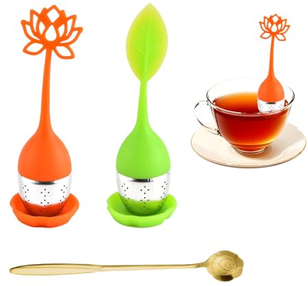 VYNZOR Infuseur à thé vrac, 2 pièces, acier inoxydable et silicone, poignées, design moderne forme de feuille, boule et soucoupe, à mailles fines, passoire, cuillère, accessoires pour outils de thé