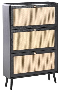 Beliani Storage Shoe Cabinet 3 Compartments MDF Engineered Wood Melamine PE Rattan Boho Style Black Moura