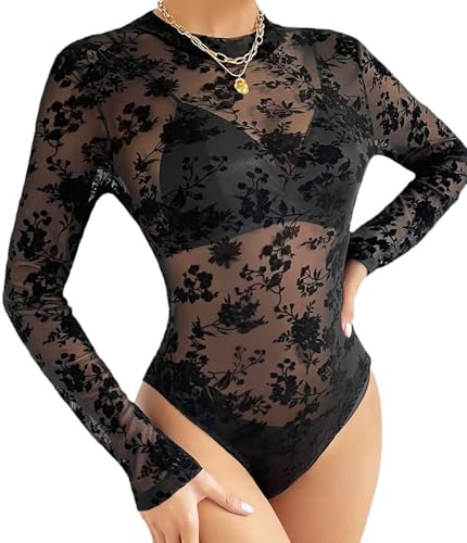 MIZSPISE Haut Femme Tulle Transparent à Manche Longue Top Dentelle | Elegant Body Cocktail Party Club Blouse Soiree Mariage Noel Cadeau Plage Chic Chemisier Moulante Noir Combinaison S-L