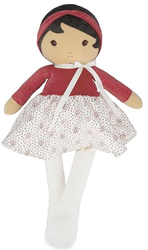 KALOO – Tendresse – Meine erste Stoffpuppe Emilie – Stoffpuppe 80 cm – Rock aus Mikrovelours & roter Wickeljacke – Personalisierbares Band – Ab Geburt, K200023
