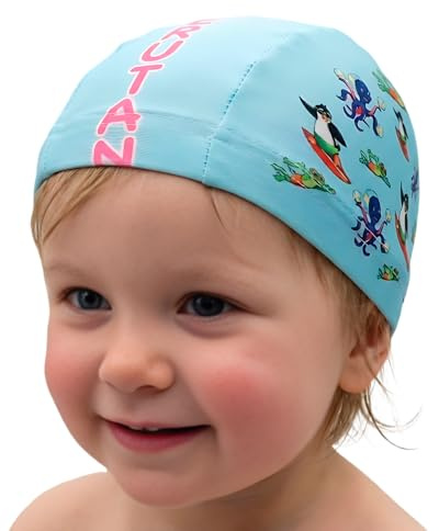 Cuffia da nuoto bebè unisex 0–18 mesi | “Natural Born Swimmer” blu con slogan fucsia | Polpo | Piscina. Cuffia tessuto piscina per bambini di 1 anno e 1 anno e 6 mesi.