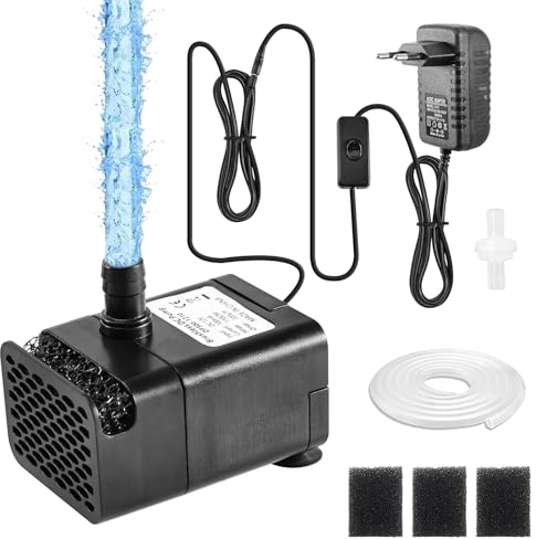 kleine Tauchpumpe, 2m Schlauch & Rückschlagventil, 50-200L/h pumpe mit 3 Filterschwamm, 12V Aquariumpumpe, Mini Wasserpumpe für Aquarium(manuell geschlossen)
