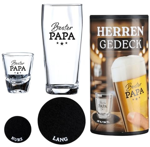 GILDE - 62523 - Herrengedeck, 4 teilig, Bester Papa, Bierglas, Schnapsglas | 2 Filz Untersetzer in einer Zylinderbox, Geschenkset