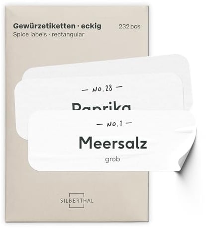 SILBERTHAL Gewürzgläser Etiketten Set (232 Stück) Eckig | Wasserfest & selbstklebend, 180 vorgedruckt + 52 blanko, rückstandslos ablösbar & wiederverwendbar, 2 Größen (60×20 mm /