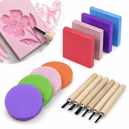 10 Stück Stempelgummi Schnitzblöcke, 5x5x1 cm DIY Linoldruck Set | Quadratische und Runde Stempel mit 6 Stück Holzschnitzmesser, Gummiblock Carving für Scrapbooking Postkarten DIY Projekt