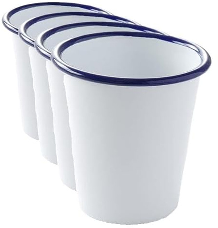 HENDI Becher, mit einem schönen blauen Rand, Abriebfest, Trinkbecher, Servierbecher, Tasse, 0,3L, ø90x(H) 90mm, emaillierter Stahl (Packung mit 4)