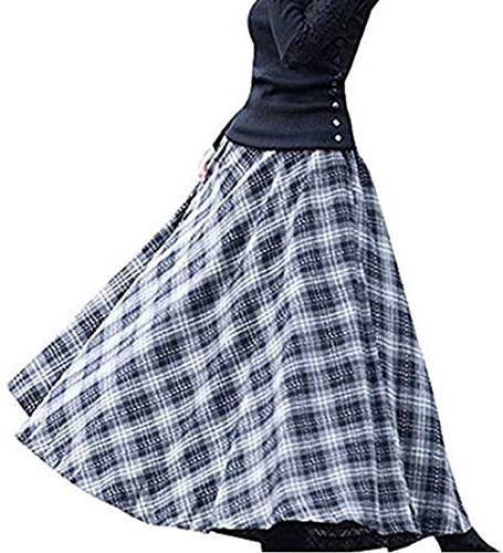 Damen Dicker Vintage Plaid Faltenrock Herbst Winter Lange Röcke (Grau + weiß, Taille 67-90/Länge 90cm)