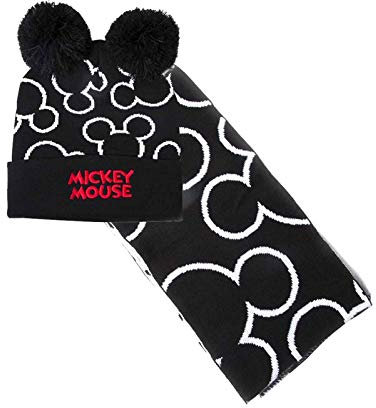 Disney Unisex Disney Mickey Mouse Bobble Beanie & Scarf Gift M tze Schal Handschuh Set, Schwarz (Black Black), Einheitsgröße EU