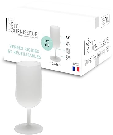 LPF LE PETIT FOURNISSEUR - Lot de 10 Verres à Vin réutilisables 12cl (18cl max) - Polypropylène plastique alimentaire rigide - Verre à pied à eau et vin - Compatible lave-vaisselle - Couleur givrée
