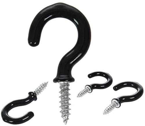 19 mm Screw-in Black Shouldered Cup Hooks - Plastic Coated Ceiling and Utility Hooks for Kitchen, Mug Peg, Vinyl Loop - 20 Pack
