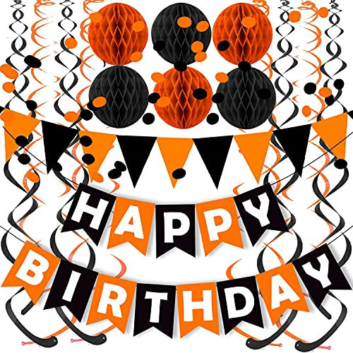 Schwarz Orange Happy Birthday Banner Papier Dreieck Flagge Wimpelkette Kreis Konfetti Punkte Hängende Girlande und Wabenball Wirbel Luftschlangen für Geburtstag Babyparty Halloween Party Dekoration