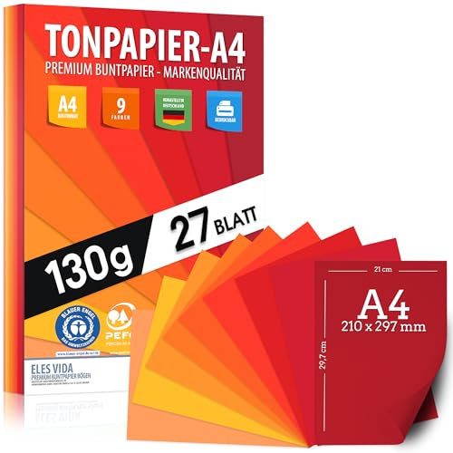Tonpapier Rot Rubin Feuer Farben 27 Stück Purpur A4-130g Blätter – Bastel Bogen - Orange dicker als Tonkarton, Pappe zum Basteln, Zeichenkarton - BLAUER ENGEL & PEFC zertifiziert - MADE IN GERMANY