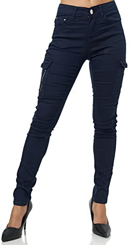Elara Damen Cargo Jeans Slim Fit Seiten Taschen Chunkyrayan JEL001 Navy-38 (M)