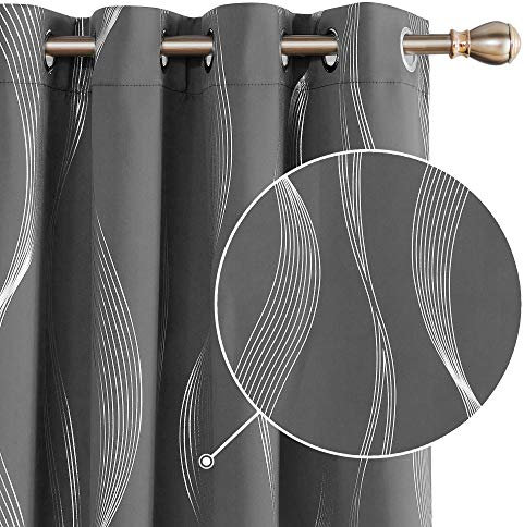 Deconovo Blackout Curtains 66x 90 Inches Super Soft Wave Line Foil Printed Thermal Insulated Blackout Curtains Window Treatment Eyelet Curtains for Living Room Dark Grey 2 Panels