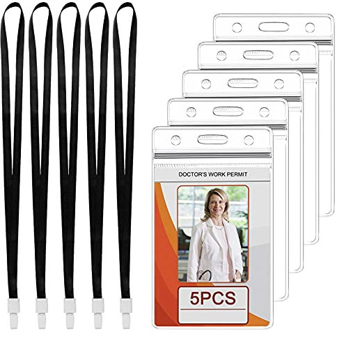 5Pcs Ausweishülle mit Band,Wasserdicht ID kartenhalter,Transparenter Ausweishüllen mit Schlüsselband, ID Kartenhalter Kunststoff Vertikal für Business Ausstellung Karten (Schwarz)