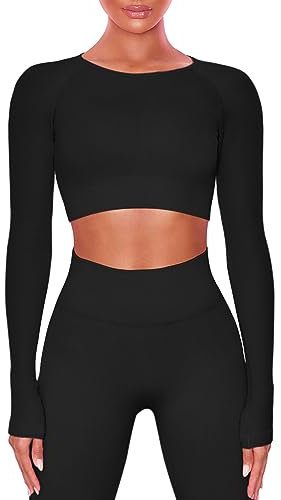 Buttergene Damen-Workout-Sets, 2-teilig, langärmelig, Yoga-Outfits, Fitnessstudio, Kleidung, nahtlos, gerippt, bauchfrei, hohe Taille, Leggings, schwarz, Small