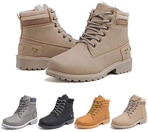 Stivali Donna Invernali Scarpe Trekking Scarponcini Fodera Caldi Stivaletti Stringati Boots Tacco Basso Antiscivolo Cachi Taglia 38 EU