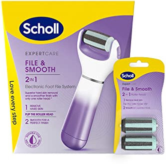 Scholl ExpertCare 2-in-1 File & Smooth with Roller Refill Bundle - Dual Speed Pedi Foot File for Hard Skin and Callus Removal - includes Two Additional Roller Refills - Batteries Included
