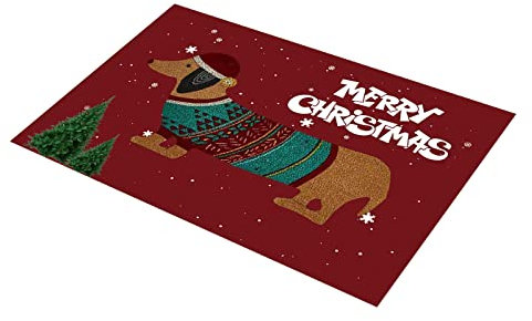 Christmas Door Mat Cute Dachshund Dog Outdoor Christmas Doormat, Merry Christmas Doormat with Non-Slip PVC Backing for Entrance, 23.62x15.74in