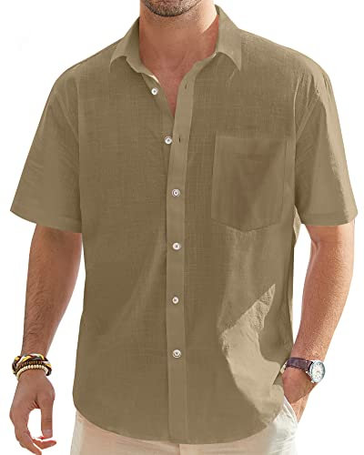 J.VER Mens Linen Shirts Short Sleeve Button Down Casual Regular Fit Holiiday Beach Summer Lightweight Cotton Shirt with Pocket Khaki L