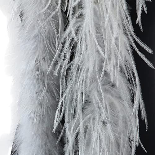 SYSUII Flauschige Marabu-Boa zum Basteln, 200 cm Natürliche Straußenfeder Schal Federboa DIY Verkleidung Zubehör Halloween Hochzeit, Party Dekorationen 1920s Gatsby Karneval Kostümzubehör -Grau