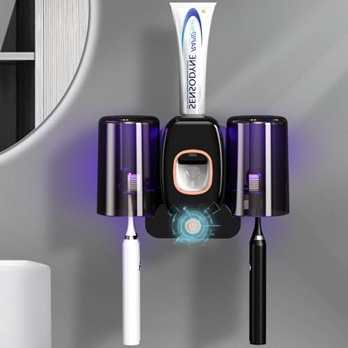 Zahnbürstenhalter für Badezimmer, Automatischer Zahnpastaspender Platzsparender Zahnbürsten- und Zahnpastahalter, Zahnbürstenhalter Wandmontiert mit 2 Tassen für Badezimmer (Schwarz)
