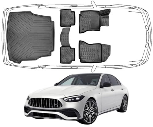 Trimak Passgenau 3D Fussmatten & Kofferraumwanne Auto Set Kompatibel mit Mercedes C Klasse W206 Sedan 2021-2024 Auto Zubehör Gummimatten & Kofferraummatte Autos Allwetter Geruchlos 7Schwarz