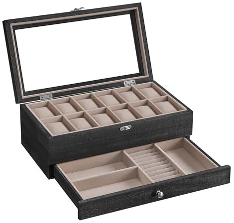 SONGMICS Uhrenbox mit 12 Fächern, Uhrenkasten aus Massivholz, mit Glasdeckel, Uhrenkissen, Schmuckaufbewahrung, Geschenk für Ihre Liebsten, ebenholzschwarz JOW012B01