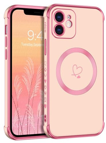 DOMAVER iPhone 12 Case [Compatible with mag-safe] Luxury Gold Heart Design Slim Shockproof Soft TPU Protective Cover for Girls Women Men, Magnetic 6.1inch, Pink