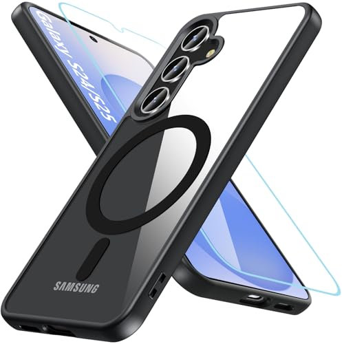 BESINPO Magnetica Cover per Samsung Galaxy S24 con Vetro Temperato, Compatibile con MagSafe, Custodia Samsung S25/S24 Antiurto Trasparente Retro Case Resistente ai Graffi,Nero