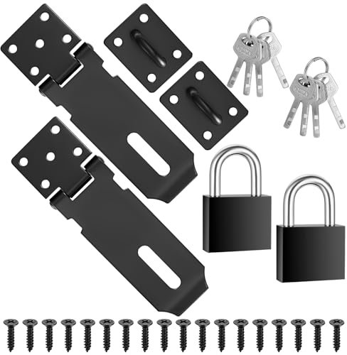 2 Pcs Stainless Steel Padlock Hasp, Door Latch Hasps with Padlocks Keys and Screws, Shed Gate Door Clasps Locks Bolts Hasps and Staples for Wooden Gate, Bedroom, Garage Doors - 4 Inch/Black