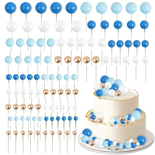 BETESSIN 103pz Topper Torta Palline Sfera Cake Topper in Schiuma per Decorazione Torta Sfera Palline Torta Compleanno Matrimonio Comunione Baby Shower Valentine’s Day Festa Blu Azzurro Bianco Oro