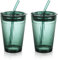 Taoyanmo Glass Cups 450 ml Set of 2, Green Drinking Glasses with Lid and Straw - Glass Smoothies Cup with Straw - Coffee Cup with Straw for Juice, Coffee, Water, Tea