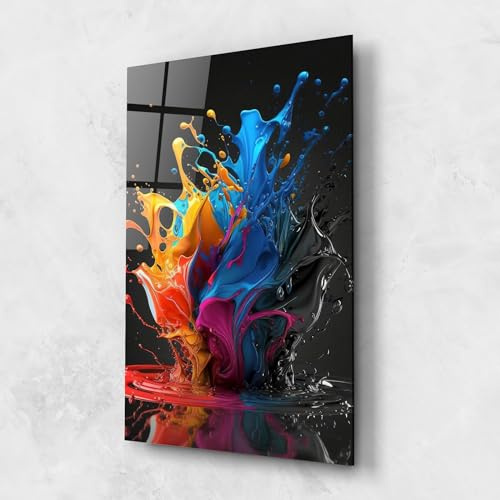 ARTHUB® Glasbild 50x70 cm, 4mm ESG | Moderne Wandbilder aus Glas für Wohnzimmer & Schlafzimmer, Wanddekoration, Wohnkultur, Abstrakte, Black Blue Splash