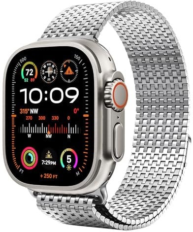 LULULOOK Milanese Loop Compatible with Apple Watch Series Series 11/10 9 8 7 6 5 4 3 2 1 SE, Magnetic Clasp Band with Ultra3 Ultra2 Ultra, Stainless Steel Watch Strap 49/46/45/44/42/41/40/38mm, Silver