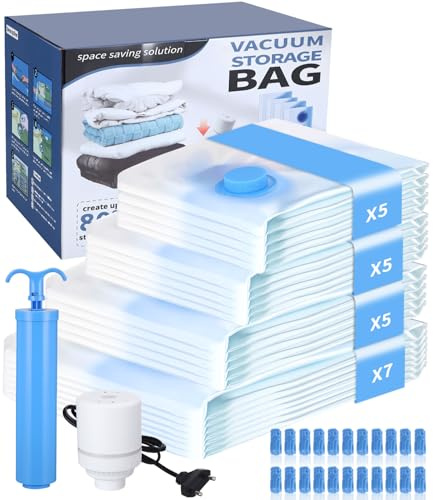 24 sacchetti sottovuoto per vestiti, con pompa ad aria manuale ed elettrica, sacchetti sottovuoto (7 x jumbo, 5 x grandi, 5 x medi, 5 x piccoli), riutilizzabili, per riporre piumini, cuscini