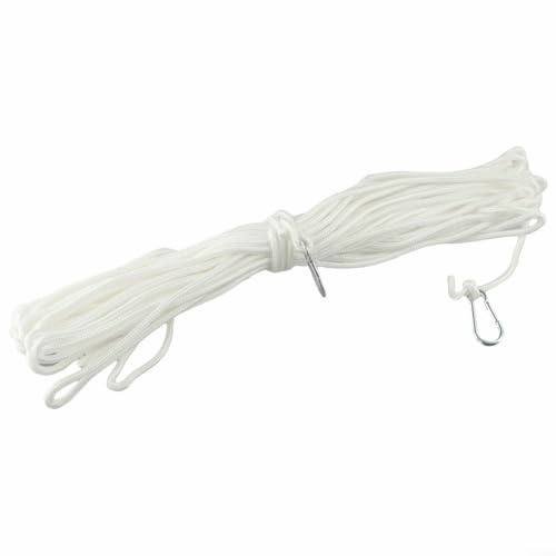 20m Nylon Flagpole Rope 6mm Heavy Duty White Cord with 4 Carabiners Weatherproof Flag Halyard for Outdoor Garden Tents Camping Survival Gear and Marine Rigging Strong String for Clothesline