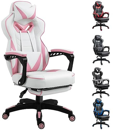 Vinsetto Computer Gaming Chair, Racing Desk Chair with Lumbar Support and Footrest, PU Leather Gamer Chair with Headrest and Swivel Wheels for Home, Pink