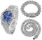 Halukakah Blaues Zifferblatt Diamant Golduhr Iced Out, Männer Platin Weißgold Plattiert Quarz Armband 24cm, mit Kubanische-Kette Armband 20cm + Halskette 45cm, mit Geschenkbox