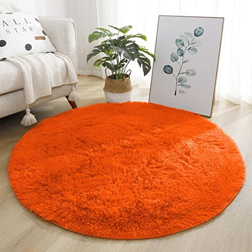 Lifup Teppich Shaggy Anti Rutsch Pflegeleicht, Rund Langflor Teppich für Wohnzimmer Schlafzimmer Kinderzimmer Orange 80 cm