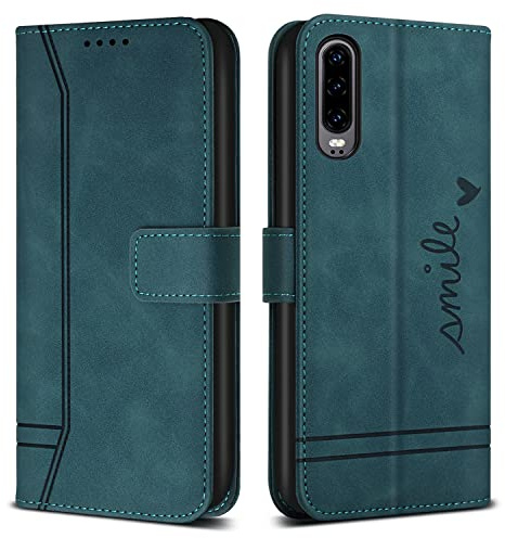 Bravoday Hülle für Huawei P30, PU Ledertasche Handyhülle Flip Schutzhülle für Huawei P30, mit Kartenfäch & Kickstand, Grün