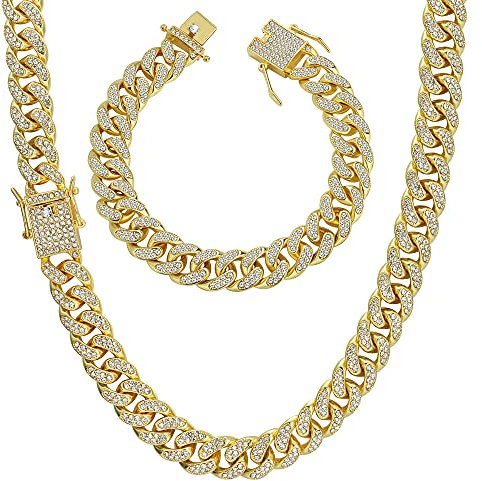 YADOCA Mens Cuban Link Chain Gold Bling Miami Cuban Necklace Bracelet Set Diamond Chain for Men Iced Out Hip Hop Jewelry 56cm