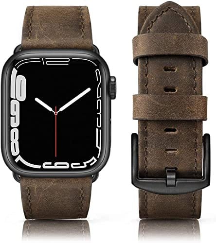 Tuocal Genuine Leather Strap Compatible with Apple Watch 42mm (Series 3/2/1) 44mm 45mm 46mm for Men Women, Vintage Leather Straps Compatible with Apple Watch Series 10 9 8 7 6 5 4 3 2 8 SE