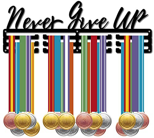 CREATCABIN Never Give Up Medaillenhalter Schwarzer Athlet Metall Ausstellungsständer Auszeichnungsrahmen Wandhalterung Aufhänger Für 3 Sprosse Läufer Fußball Schwimmen Gymnastik Über 60 Medaillen