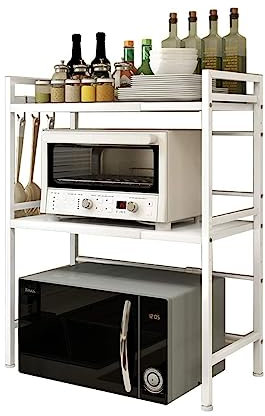 Luchs – Mikrowellen Ständer/Regal, Mikrowellenhalterung, Mikrowellenständer, Mikrowellen Ständer/Organizer mit 3 Haken, Microwave Holder/Rake grössenverstellbar (Weiss, Gora 3 Ebenen)