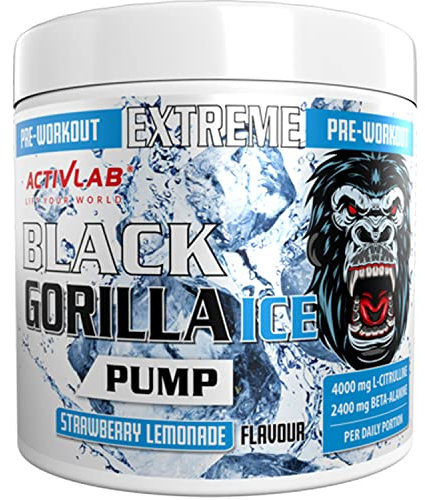 Activlab Black Gorilla Ice Pump Pre-Workout 300g Pulver, 30 Portionen, 4000mg L-Citrullin, 2400mg Beta-Alanin, 2500mg L-Arginin, AAKG, kein Koffein, Eiskühlungseffekt, Erdbeer-Limonaden-Geschmack