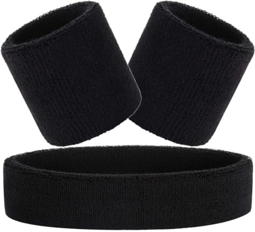 Hatstar 3-teiliges Schweißband Set | Schweißbänder für Handgelenk und Kopf | Stirnband für Damen & Herren (schwarz)