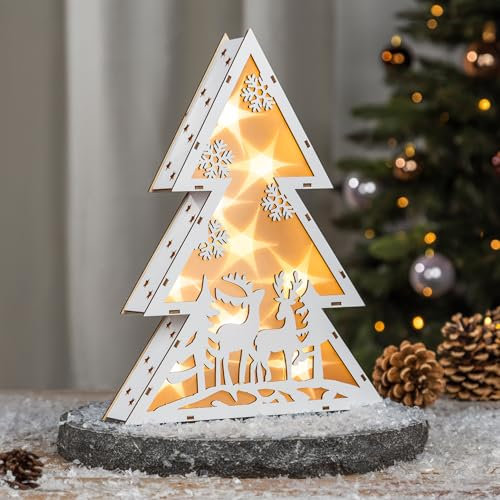 Spetebo Árbol de Navidad LED de madera, 30 cm, renos, decoración con iluminación blanca cálida, funciona con pilas