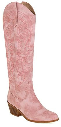 Stivali da Cowgirl da Cowboy Occidentali Classici Comfort da Donna, Stivali Alti al Ginocchio in Finta Pelle Scamosciata alla Moda, Stivali vittoriani Rave del Festival di Halloween,Rosa,40