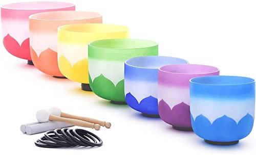 Ensemble de Bols chantants en Cristal de Lotus coloré de 6 à 12 Pouces, avec Sacs de Transport Robustes, bâtons en Daim et maillets en Caoutchouc, Cadeau pour la méditation Zen (ta